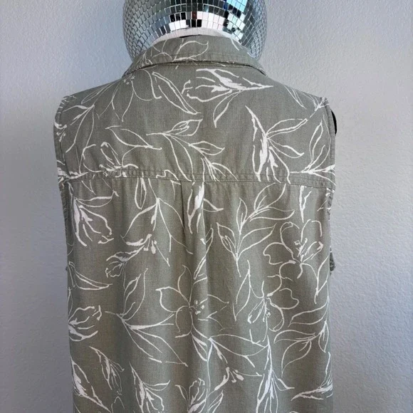 ecothreads Womens Sleeveless Button Up Shirt Green Floral Linen Blend Size L - Picture 15 of 16